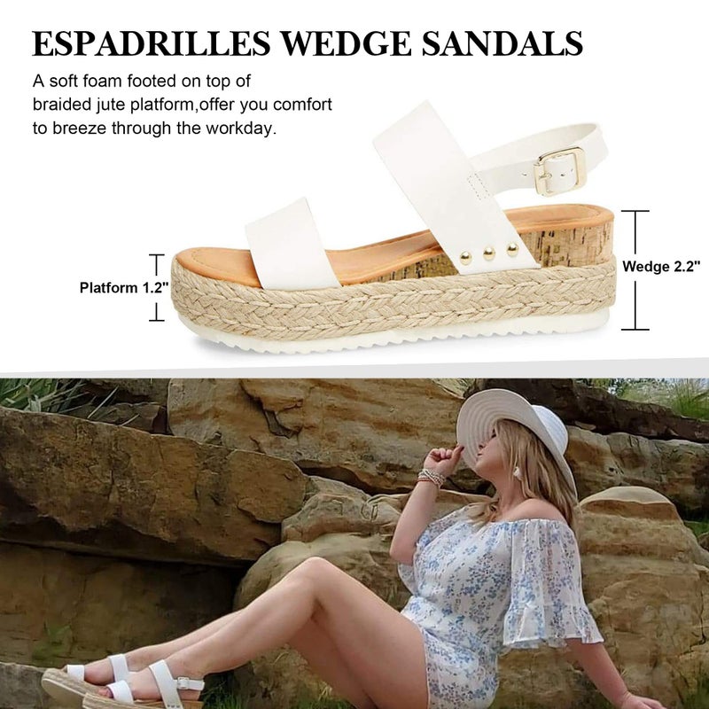 Athlefit Women's Espadrilles Platform Wedge Sandals Casual Open Toe Ankle Strap Buckle Summer Sandals, White, Size 9, AD00502 - Image 3